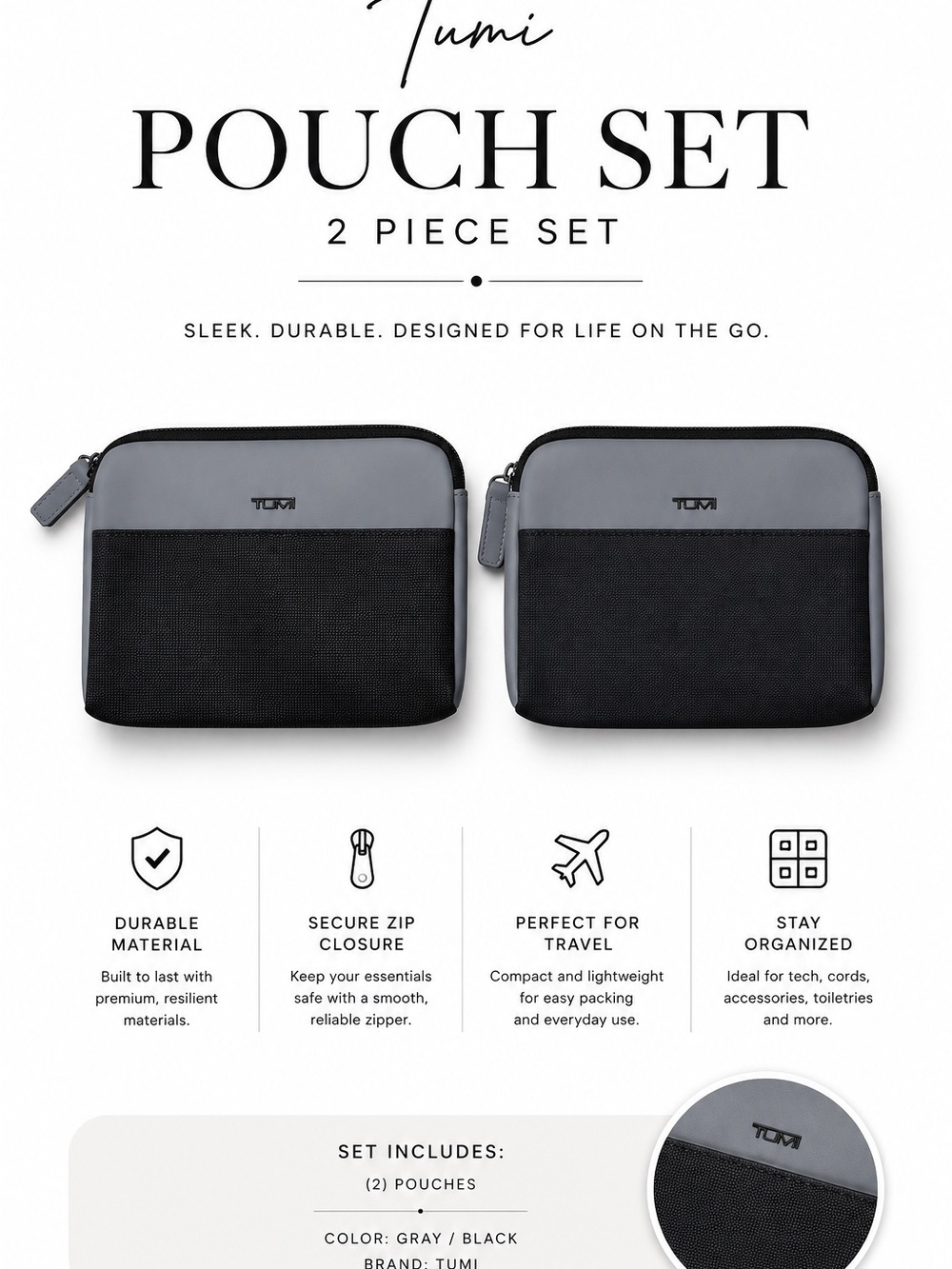 Tumi Gray and Black Two-Piece Travel Pouch Set